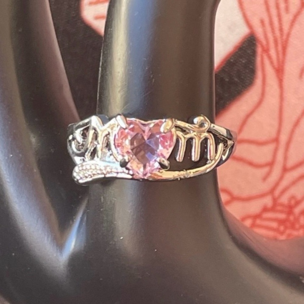 MOM Pink Heart Solitaire Crystal Bling Silver Tone Setting ring